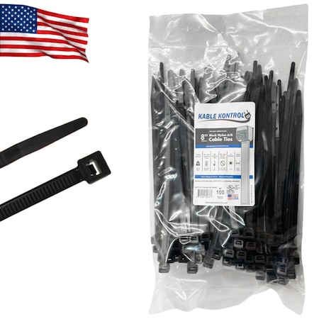 Kable Kontrol Cable Tie, 8 in L, Black, Nylon 6/6, 120 lb Strength CTUSA-08-120-100-BK